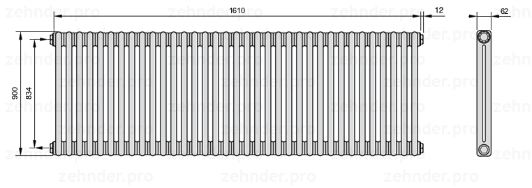 Схема (чертеж) Радиатор Zehnder Charleston 2090/35 №1270 Белый глянцевый RAL 9016